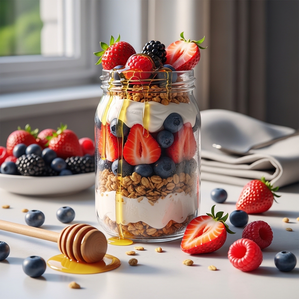 Creamy Berry Yogurt Parfait With Honey Granola Layers