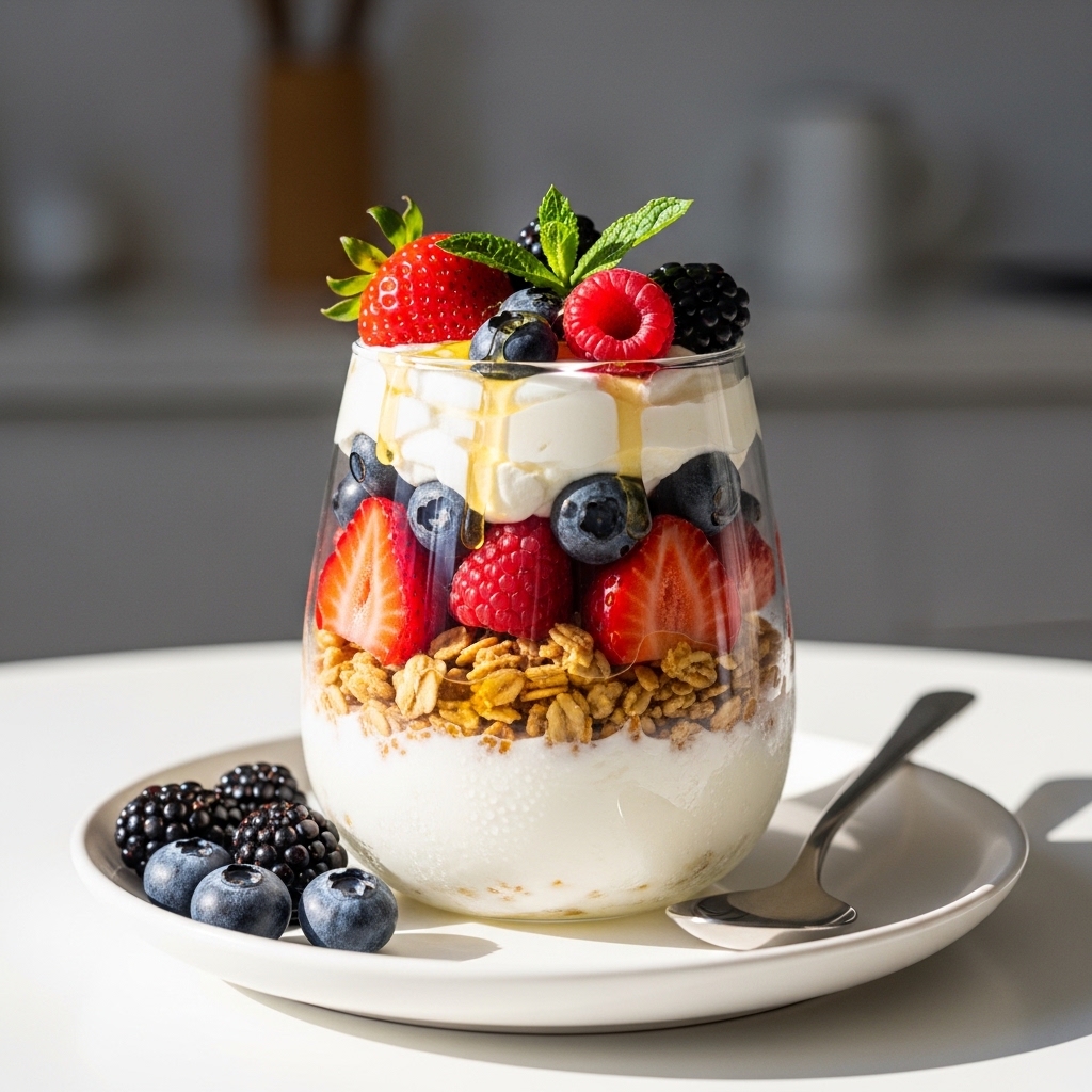 Creamy Berry Yogurt Parfait With Honey Granola Layers for College Students Without Full Kitchens