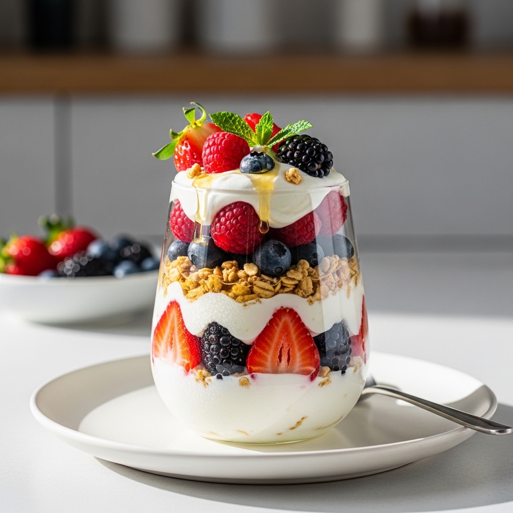 Creamy Berry Yogurt Parfait With Honey Granola Layers for College Students Without Full Kitchens
