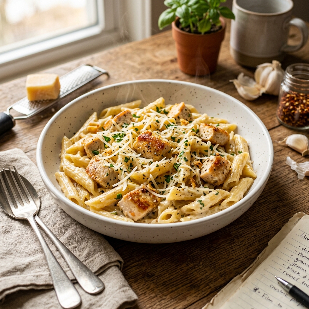 Garlic Parmesan Chicken Pasta for College Students Cooking on a Budget