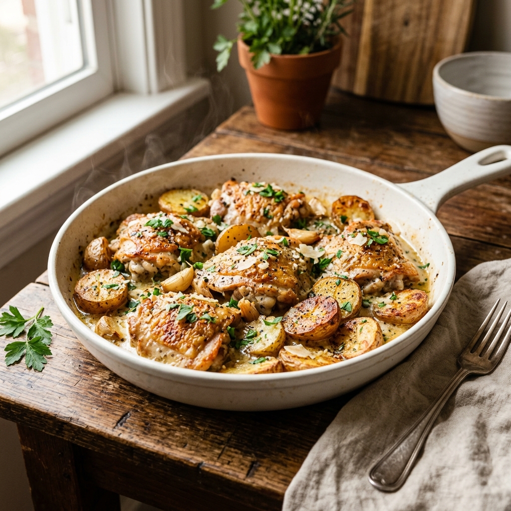 One Pan Garlic Parmesan Chicken and Potatoes for Busy Moms Minimizing Cleanup