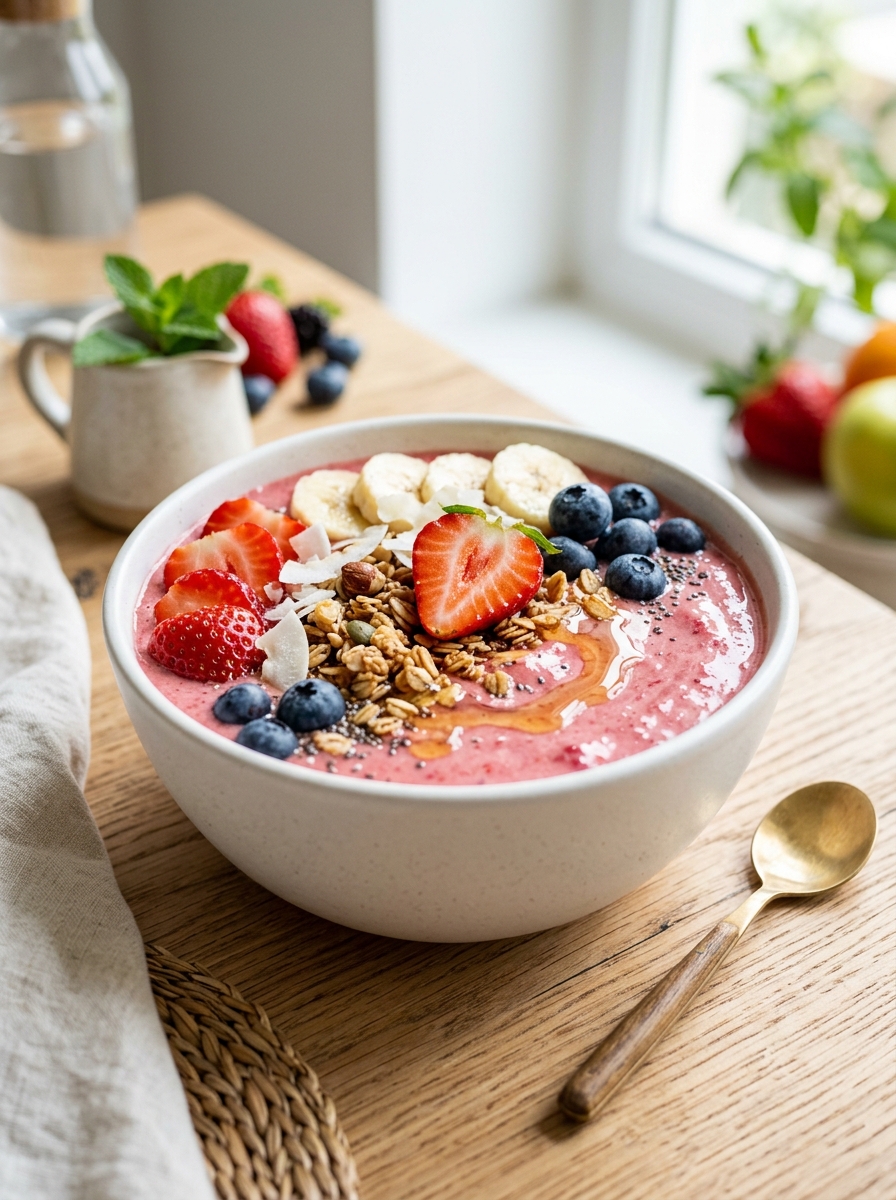 Strawberry Banana Smoothie Bowl With Crunchy Toppings Recipe