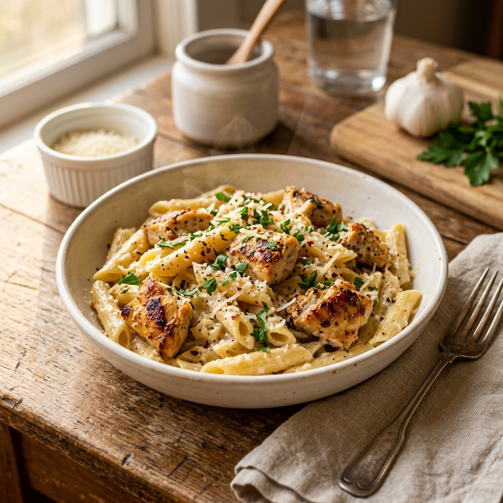Garlic Parmesan Chicken Pasta for College Students Cooking on a Budget