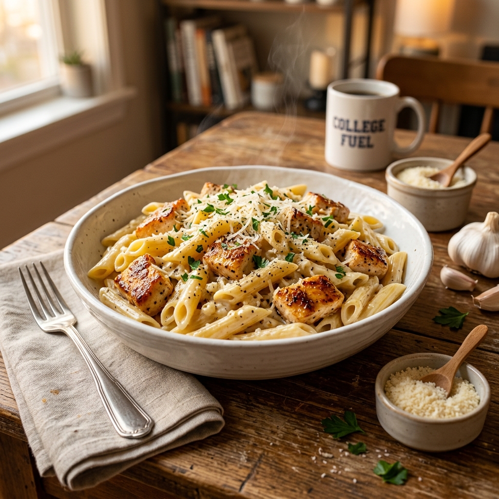 Garlic Parmesan Chicken Pasta for College Students Cooking on a Budget