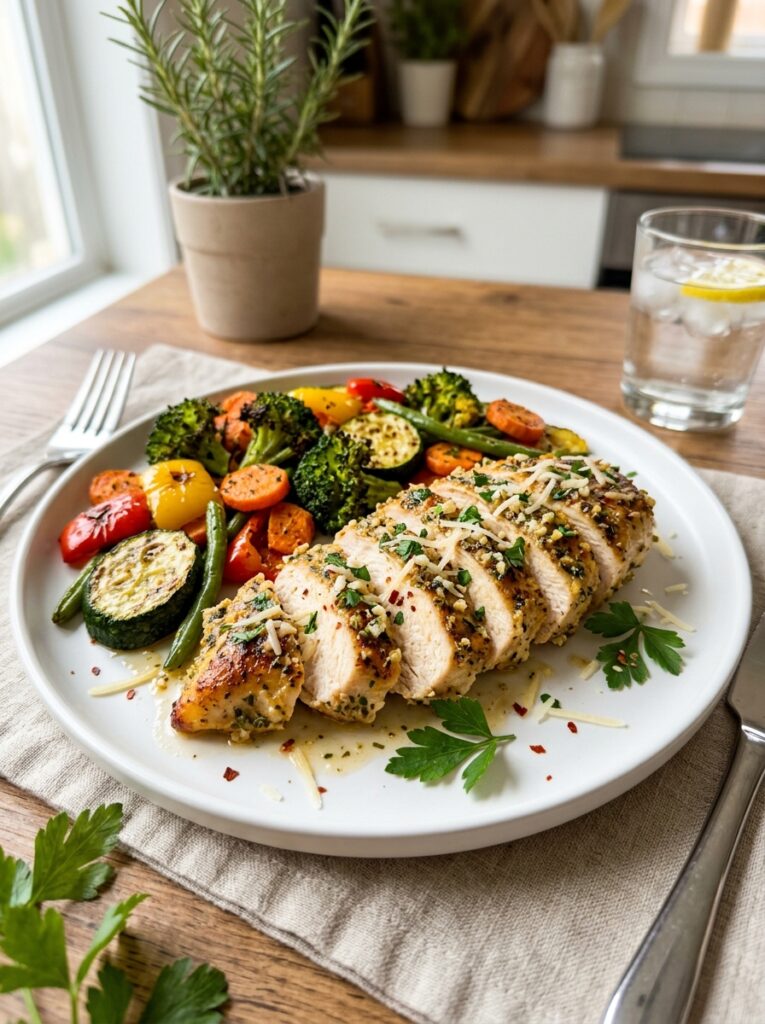 Garlic Parmesan Chicken with Vegetables for Diabetics Managing Balanced Dinners