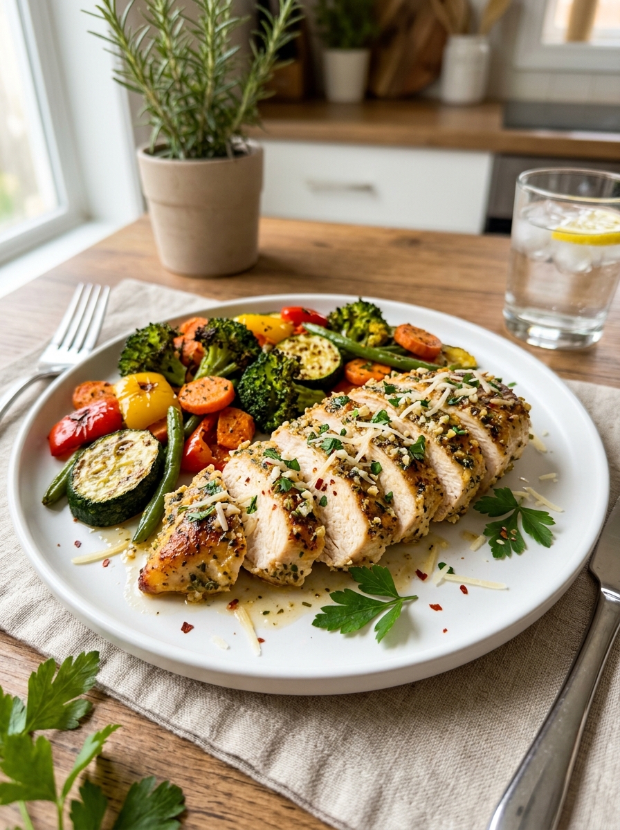 Garlic Parmesan Chicken with Vegetables for Diabetics Managing Balanced Dinners
