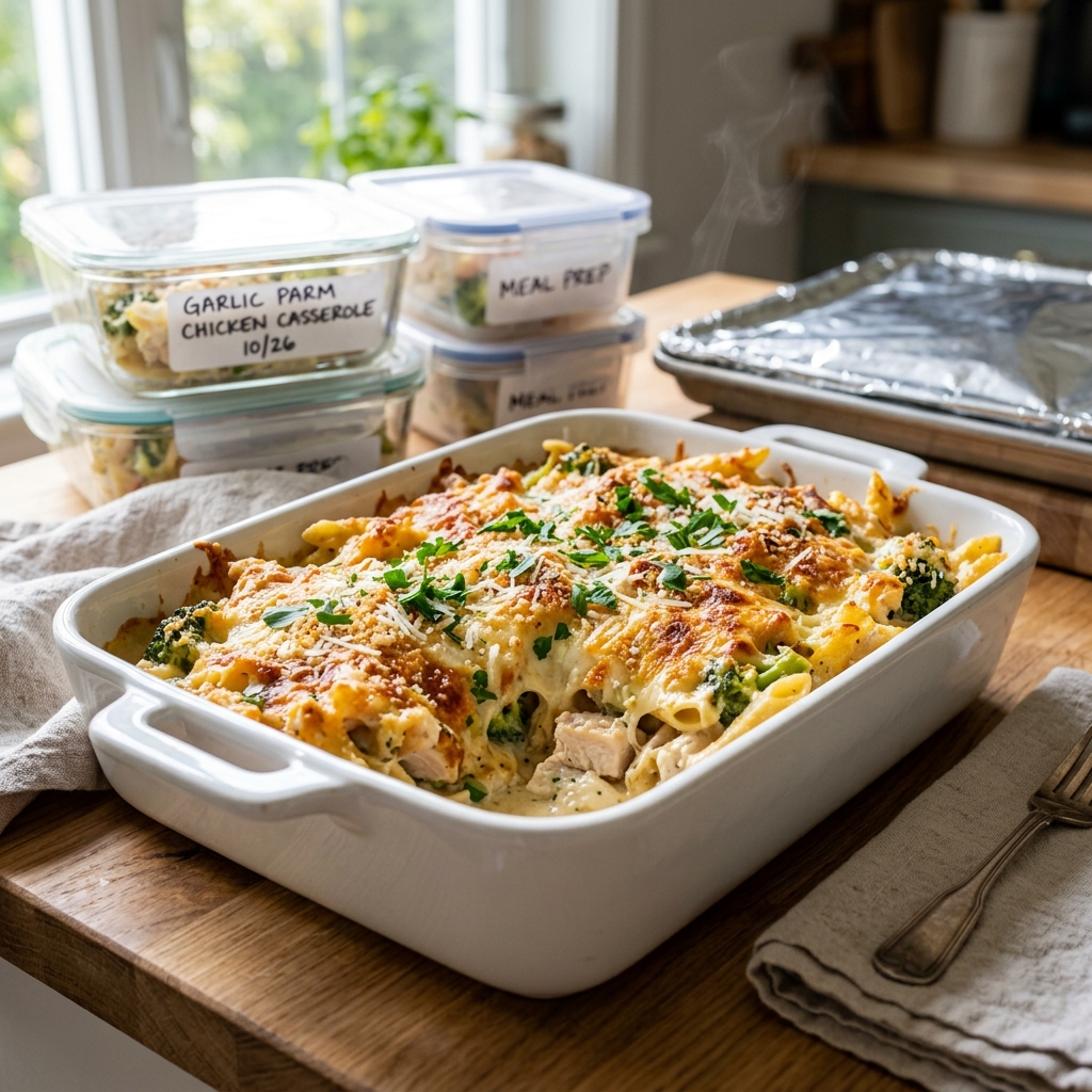 Freezer-Friendly Garlic Parmesan Chicken Casserole for Postpartum Freezer Meal Prep