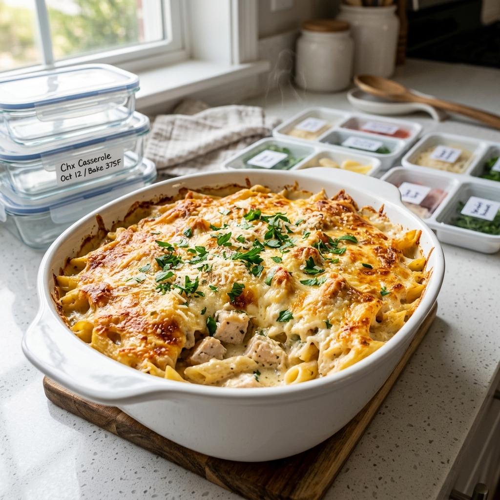 Freezer-Friendly Garlic Parmesan Chicken Casserole for Postpartum Freezer Meal Prep