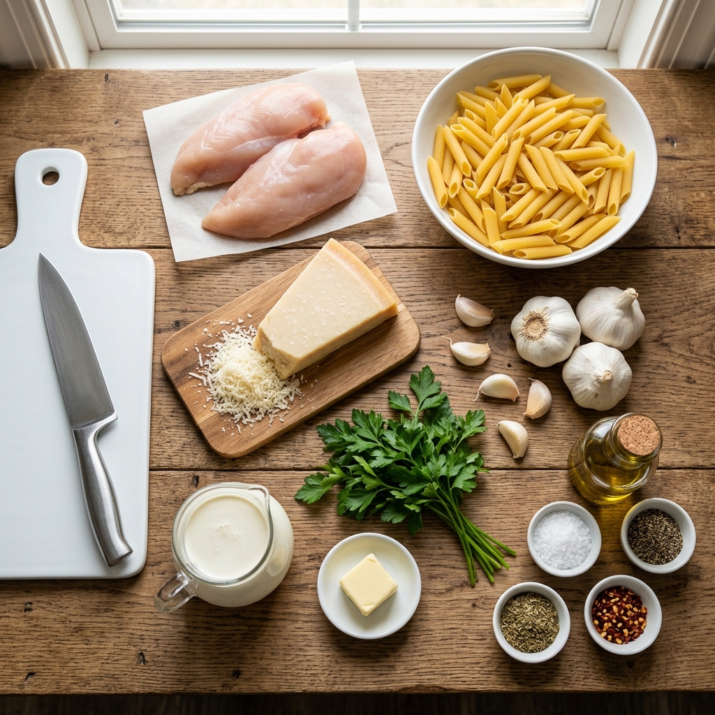 Garlic Parmesan Chicken Pasta for College Students Cooking on a Budget