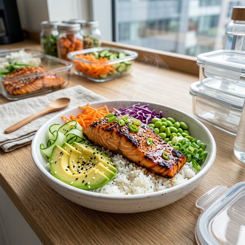 Salmon Rice Bowl Recipe for Office Workers Meal Prepping Weekday Lunches